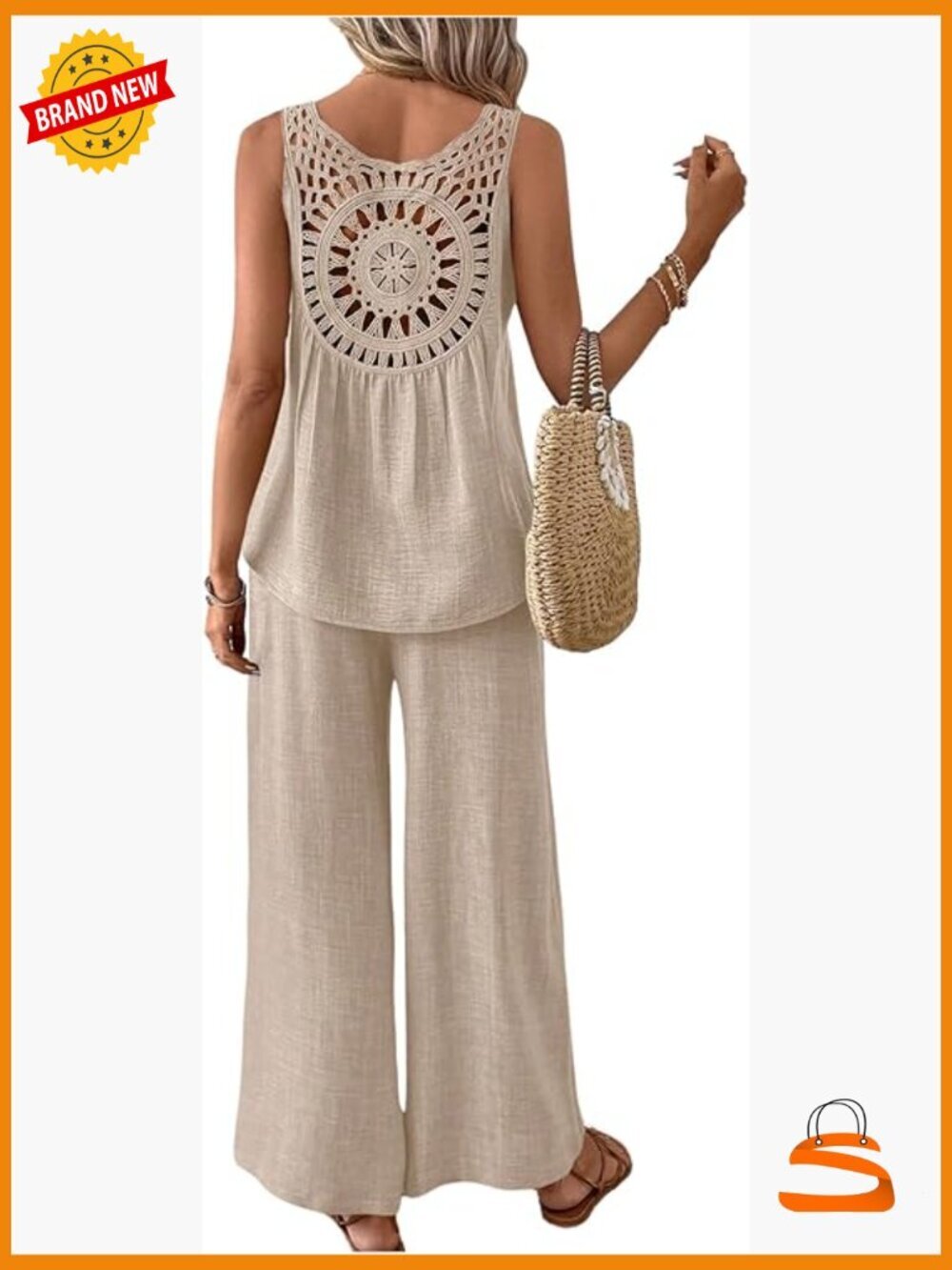 Boho Linen Crochet Tank Top & Wide Leg Pants Set Sleeveless Pull On